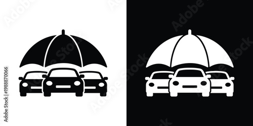 Two cars under an umbrella icon symbolizing vehicle insurance and protection. Vector graphic representing safety, security, coverage, risk management, and automotive care services.