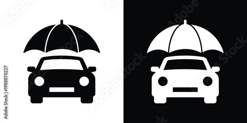 one cars under an umbrella icon symbolizing vehicle insurance and protection. Vector graphic representing safety, security, coverage, risk management, and automotive care services.