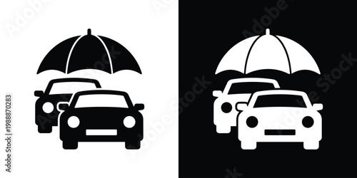 Two cars under an umbrella icon symbolizing vehicle insurance and protection. Vector graphic representing safety, security, coverage, risk management, and automotive care services.