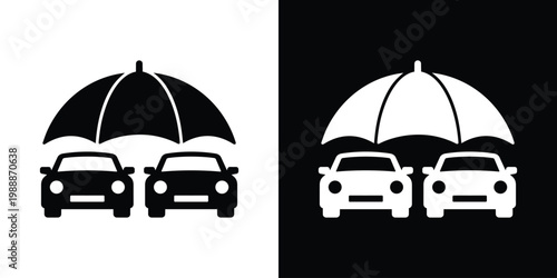 Two cars under an umbrella icon symbolizing vehicle insurance and protection. Vector graphic representing safety, security, coverage, risk management, and automotive care services.