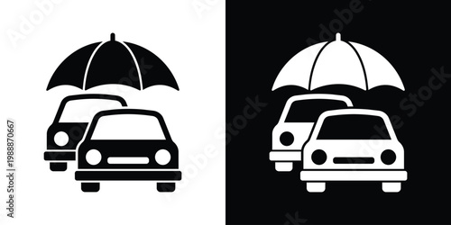 Two cars under an umbrella icon symbolizing vehicle insurance and protection. Vector graphic representing safety, security, coverage, risk management, and automotive care services.