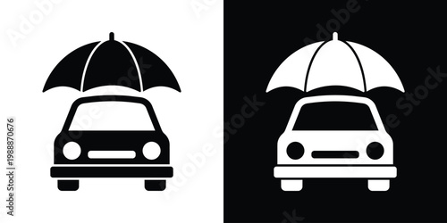 one cars under an umbrella icon symbolizing vehicle insurance and protection. Vector graphic representing safety, security, coverage, risk management, and automotive care services.