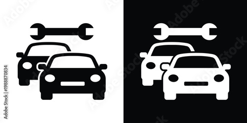 Two cars with a wrench icon above them. Minimalist flat vector symbol representing automotive repair, fleet maintenance, garage service, and mechanical technical support. Black and white icons.