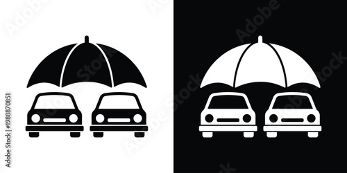 Two cars under an umbrella icon symbolizing vehicle insurance and protection. Vector graphic representing safety, security, coverage, risk management, and automotive care services.