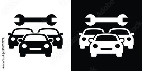 Two cars with a wrench icon above them. Minimalist flat vector symbol representing automotive repair, fleet maintenance, garage service, and mechanical technical support. Black and white icons.