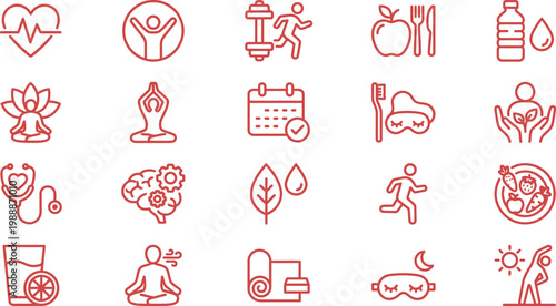 Red line icons representing various healthy lifestyle and wellness concepts and activities