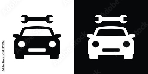 one cars with a wrench icon above them. Minimalist flat vector symbol representing automotive repair, fleet maintenance, garage service, and mechanical technical support. Black and white icons.