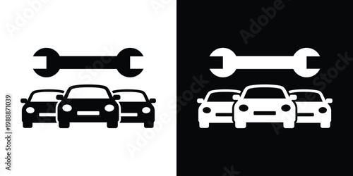 Two cars with a wrench icon above them. Minimalist flat vector symbol representing automotive repair, fleet maintenance, garage service, and mechanical technical support. Black and white icons.