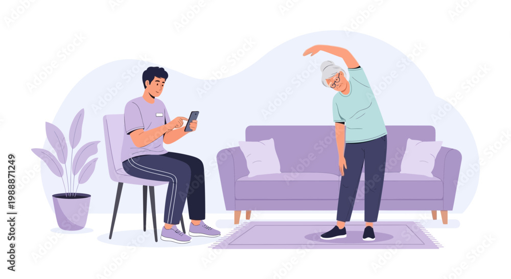 Fototapeta premium Elderly woman doing exercises at home with online trainer guiding her via video call