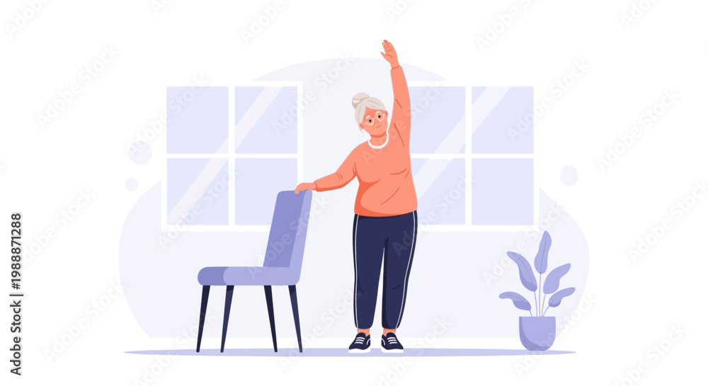 Fototapeta premium Elderly Woman Exercising with Chair Support, Healthy Senior Lifestyle