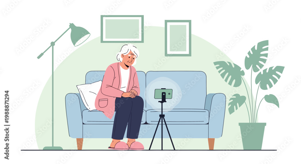 Fototapeta premium Elderly woman filming herself on a smartphone with a ring light at home