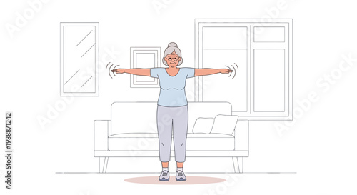 Elderly Woman Doing Arm Circles Exercise at Home for Fitness and Healthy Lifestyle