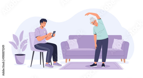 Elderly woman doing exercises at home with online trainer guiding her via video call