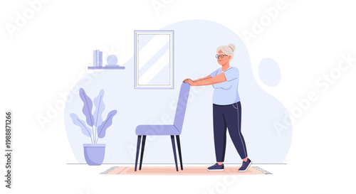 Elderly Woman Doing Leg Exercise with Chair for Support at Home