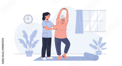 Elderly woman doing yoga with physical therapist assistance at home