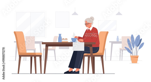 Elderly woman enjoying coffee at a table in a bright, modern cafe or dining room.
