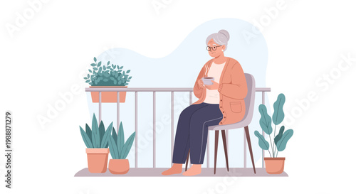 Elderly woman enjoying coffee on a balcony surrounded by plants, peaceful retirement lifestyle