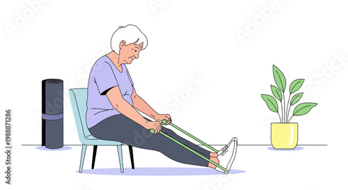 Elderly woman exercising with resistance band while sitting on chair at home