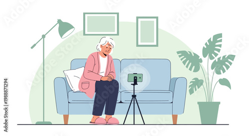 Elderly woman filming herself on a smartphone with a ring light at home