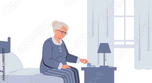 Elderly Woman in Pajamas Taking Medication by Bedside Table