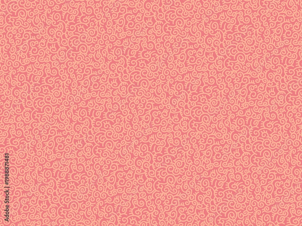 Fototapeta premium Playful peach and pink seamless pattern featuring intricate hand drawn doodle swirls and whimsical eye elements for soft backgrounds.