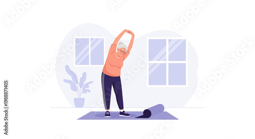 Elderly Woman Stretching at Home, Practicing Yoga and Fitness