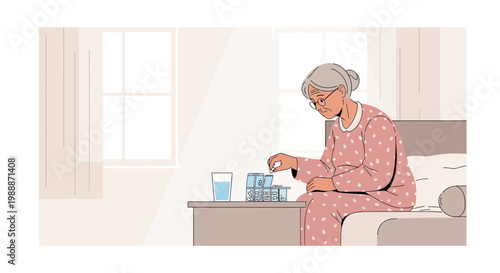 Elderly Woman Taking Medication in Bed, Morning Light