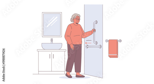 Elderly woman using grab bars in a modern bathroom for safety and support.