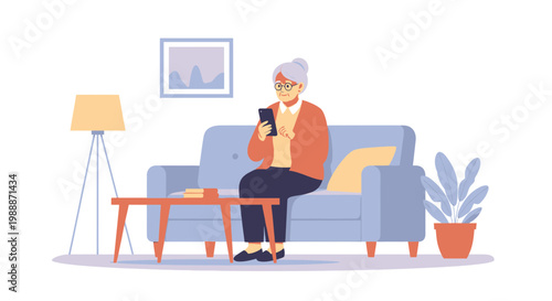 Elderly Woman Using Smartphone on Sofa in Living Room, Relaxing at Home
