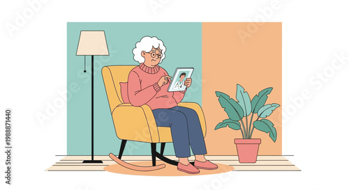 Elderly Woman Using Tablet for Video Call While Sitting in a Rocking Chair