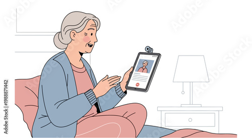 Elderly woman video calling on tablet in bed, smiling, connecting with family online