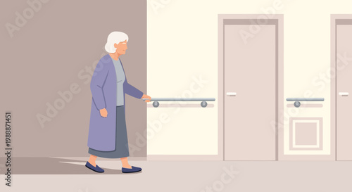 Elderly woman walking down hallway, holding onto handrail for support