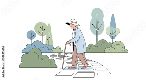 Elderly Woman Walking with Cane on Garden Path, Peaceful Retirement Lifestyle