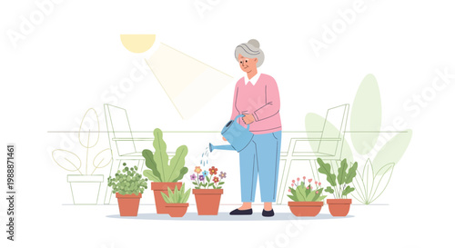 Elderly Woman Watering Plants in a Sunlit Room, Hobby and Relaxation