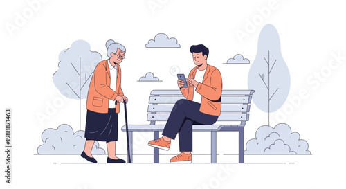Elderly woman with cane and young man with phone on park bench, generational gap concept