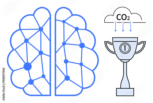 Artificial intelligence concept. Artificial intelligence through neural brain connections, eco-conscious CO2 theme, and a trophy AI-driven innovation. For technology, sustainability, research