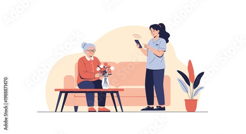Elderly woman with caregiver using smartphone at home, indoor scene, comfort and care