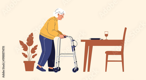 Elderly woman with walker approaching dining table, symbolizing independence and aging.
