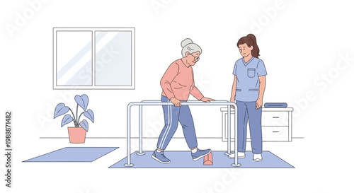 Elderly woman with physical therapist practicing walking with parallel bars for rehabilitation