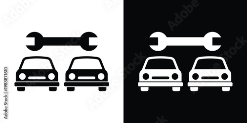 Two cars with a wrench icon above them. Minimalist flat vector symbol representing automotive repair, fleet maintenance, garage service, and mechanical technical support. Black and white icons.