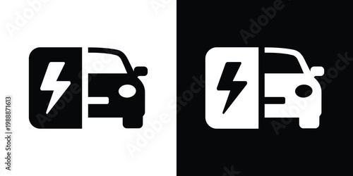 Electric car charging station icon featuring a vehicle and lightning bolt symbol. Represents eco-friendly transport, EV energy, sustainable technology, and green power solutions. Vector set.