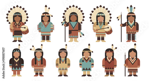 Collection of Native American characters in traditional attire and headdresses.