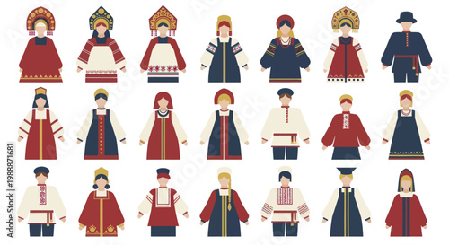 Collection of Russian folk costumes and traditional attire for men and women.
