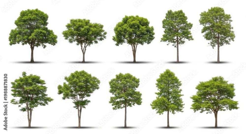 Fototapeta premium Collection of 10 Diverse Green Trees Isolated on White Background