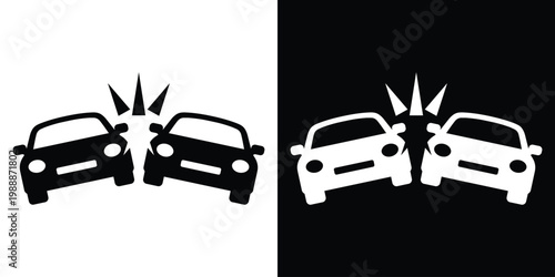 Two cars in a front-end collision with impact sparks. Icon for car accidents, road safety, automotive insurance claims, and emergency traffic incidents. Black and white vector set.