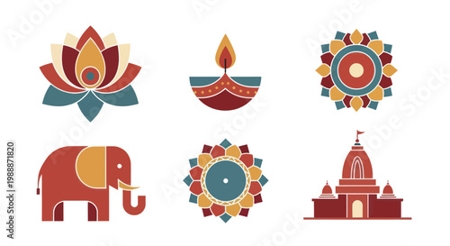 Collection of traditional Indian cultural and religious symbols.