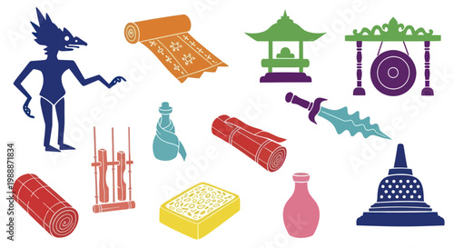 Collection of traditional Indonesian cultural elements and artifacts.