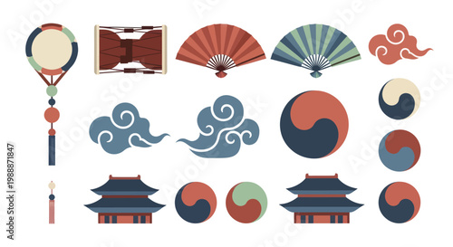 Collection of Traditional Korean Cultural Symbols and Objects.