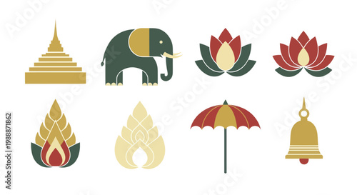 Collection of traditional Thai cultural and religious symbols, including a stupa, elephant, lotus flowers, and a bell.