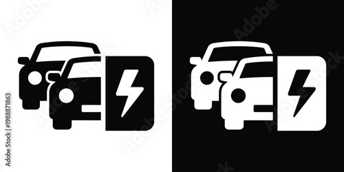 Electric car charging station icon featuring a vehicle and lightning bolt symbol. Represents eco-friendly transport, EV energy, sustainable technology, and green power solutions. Vector set.